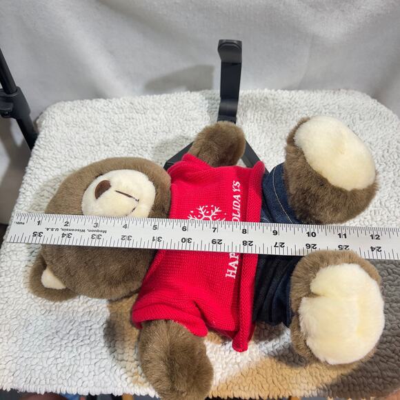 Lee Dungarees Jeans Happy Holidays Teddy Bear 12" x 10" Red Sweater Plush Soft - Picture 10 of 13
